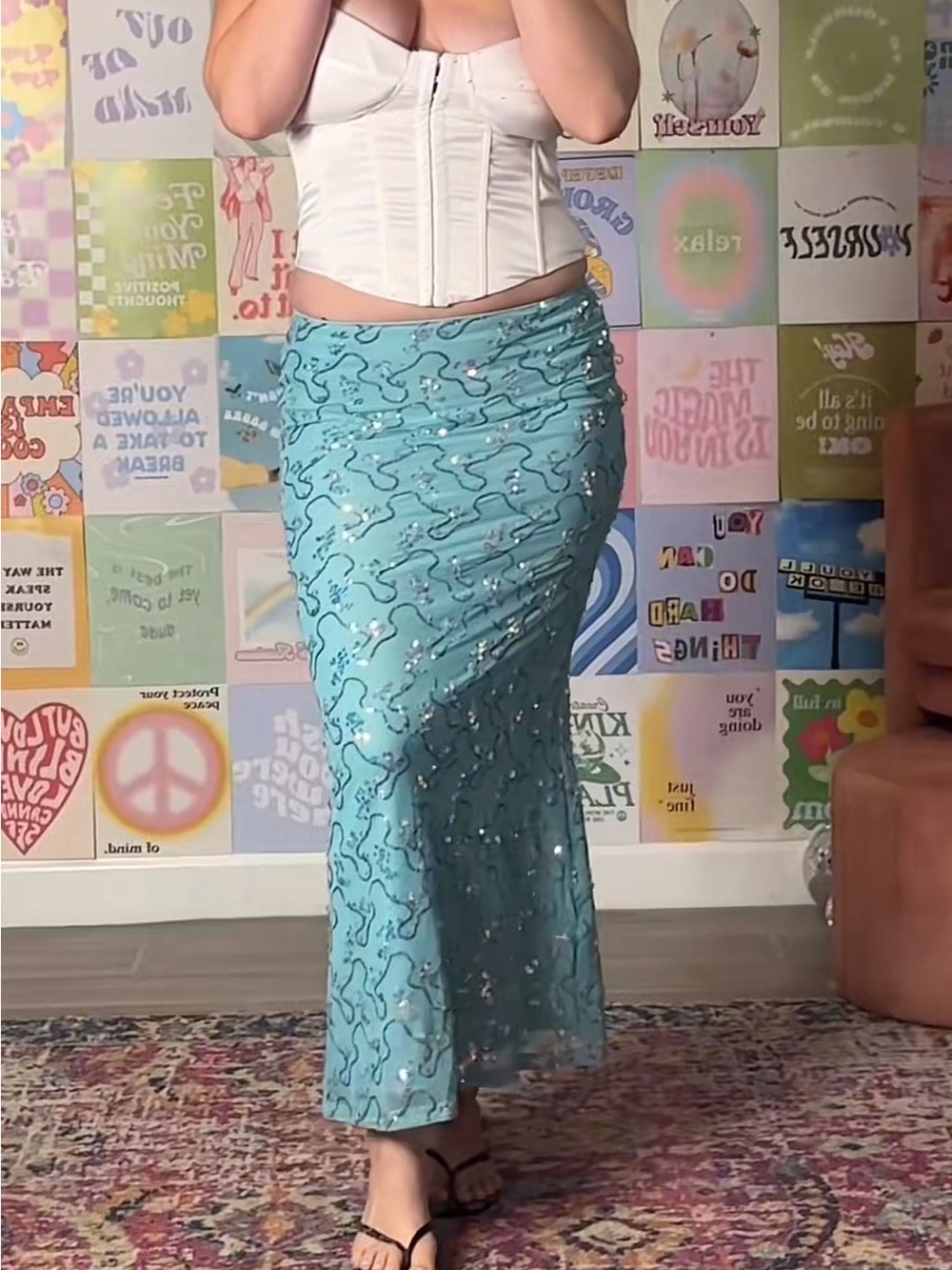 Floral Mint Green A-Line Maxi Skirt - Picture 4 of 4